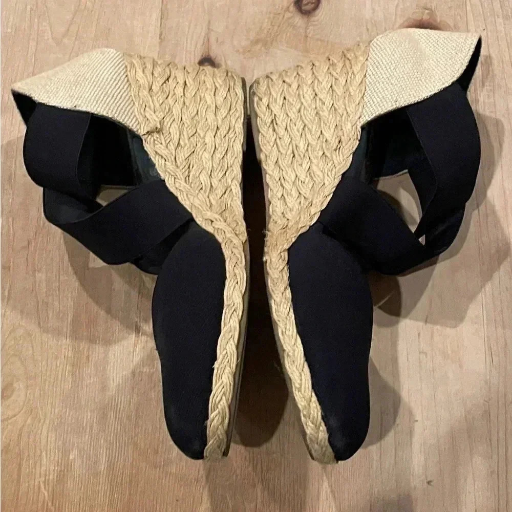 Lauren Ralph Lauren Vintage Woven Navy/Cream Espadrille 3” wedge size 9 - Picture 2 of 6
